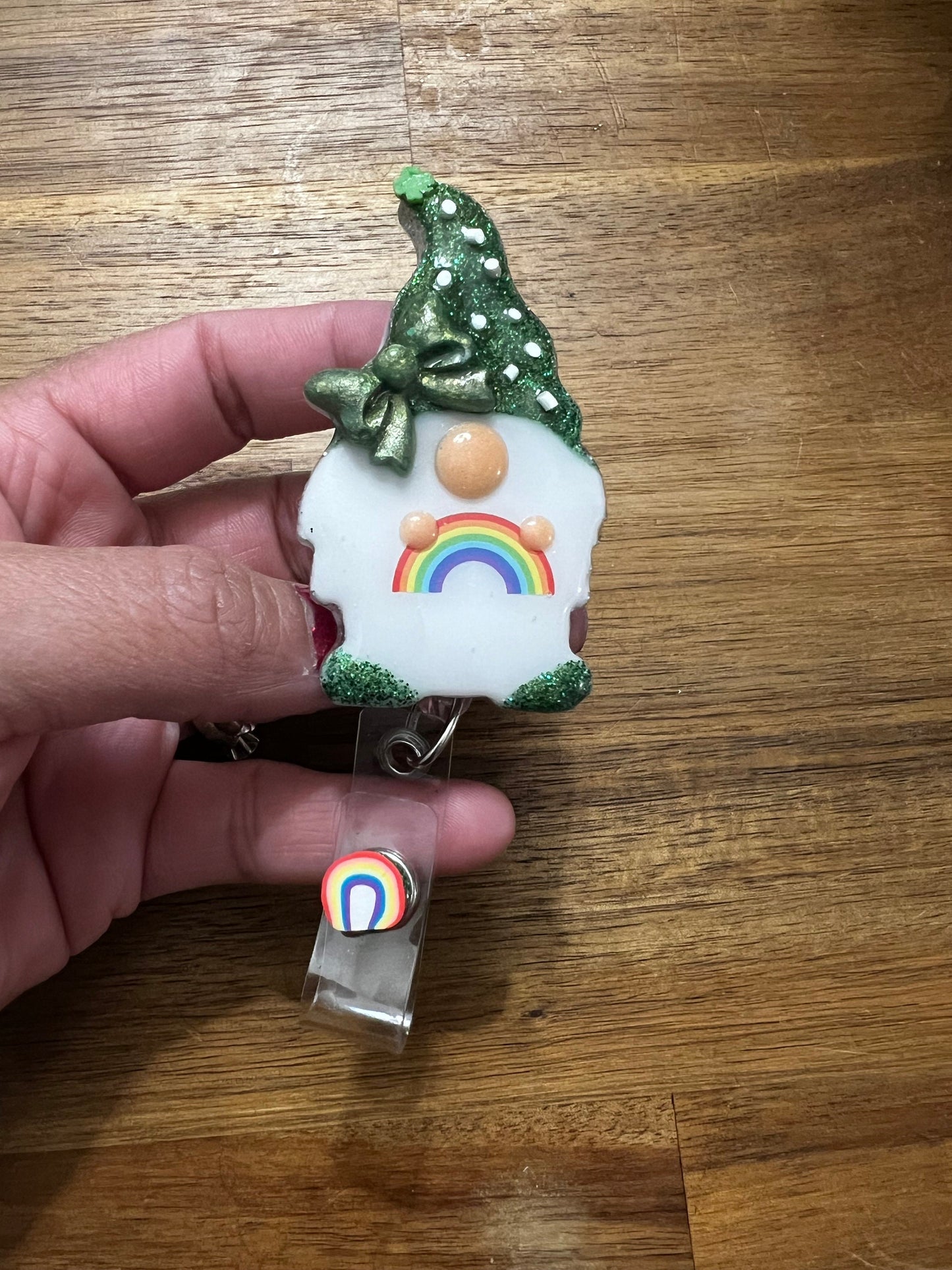 St Patrick’s day gnome with rainbow and bow Badge Acrylic Epoxy Badge