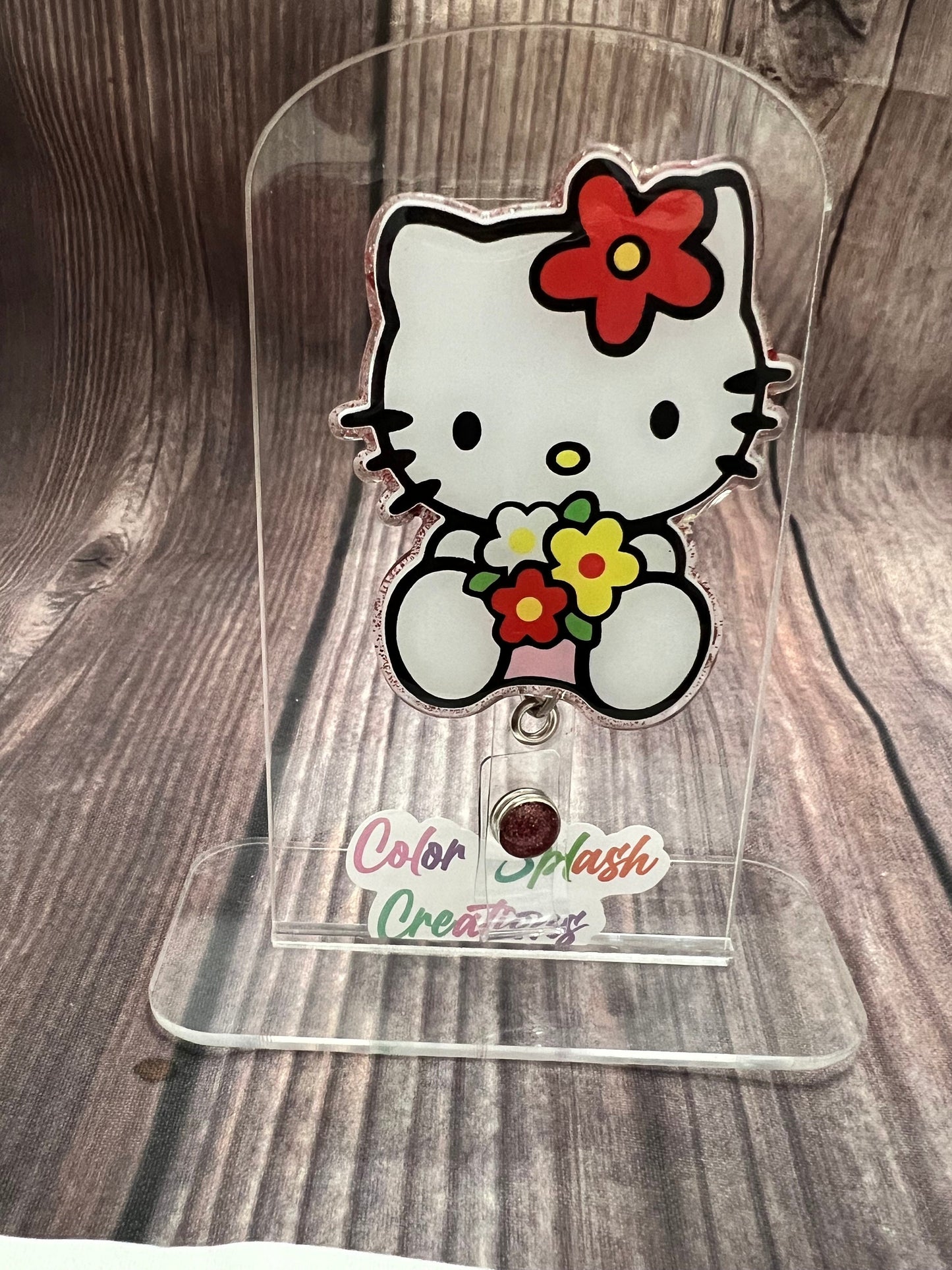 Kitty with flowers Badge Handmade Acrylic Epoxy Badge